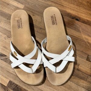 G.H. Bass & Co. White Crisscross Slide Sandals with Gold Logo